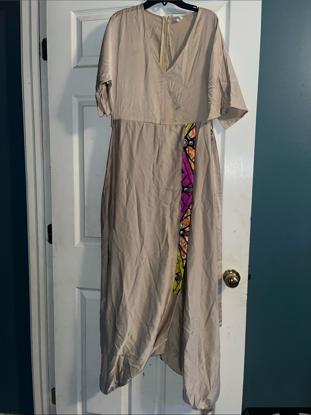 Ursime Beige V-Neck Jumpsuit with Multicolor Side Panel